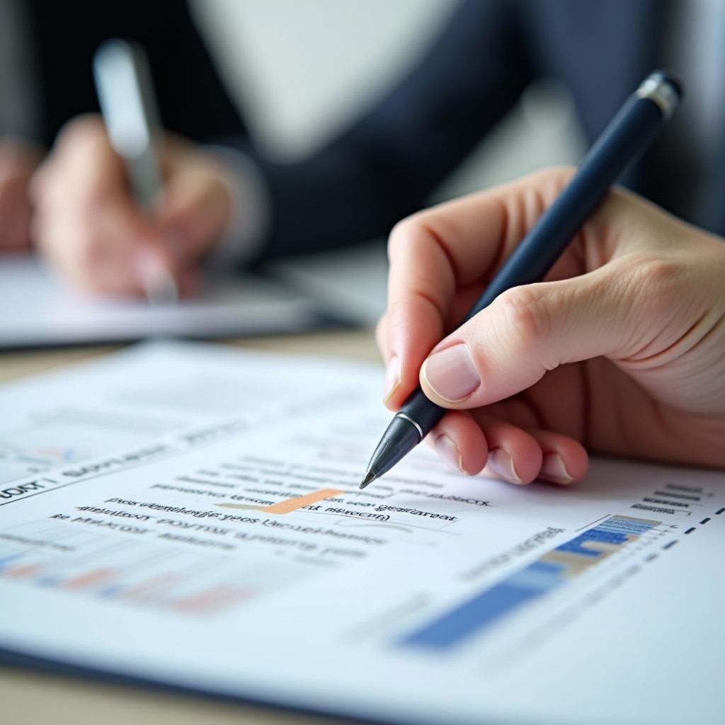 Person's hand holding pen over a document, highlighting text during a meeting.
