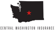 Black silhouette of Washington state with a red star in the center; text below reads 
