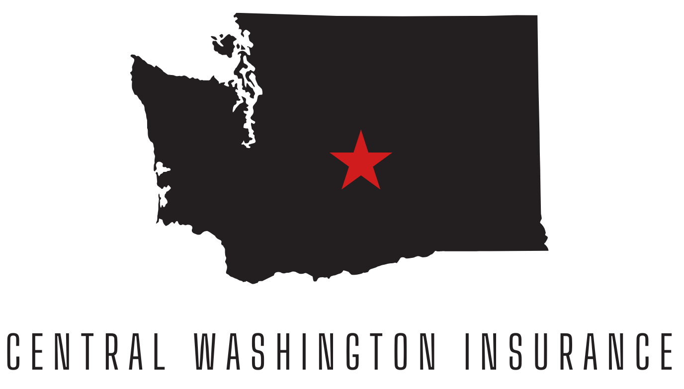 Black silhouette of Washington state with a red star in the center; text below reads 