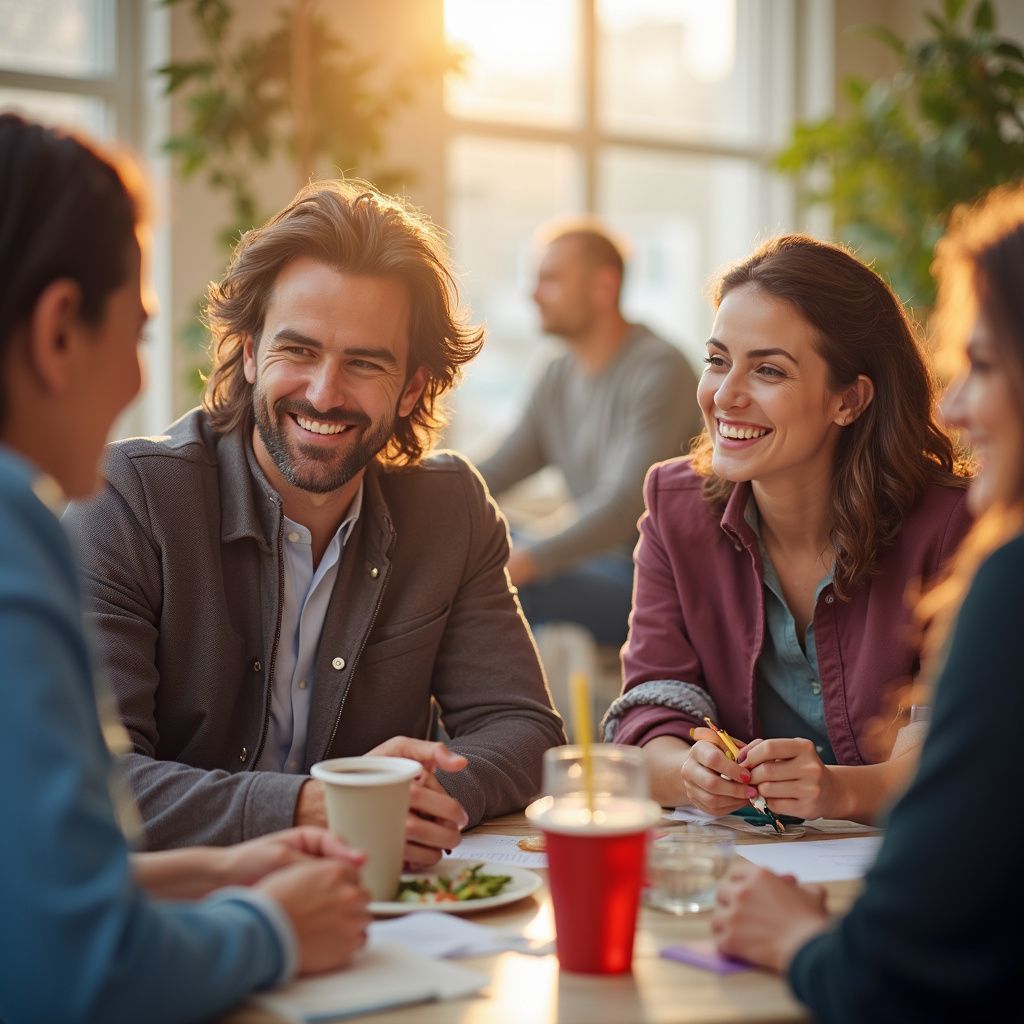 Group of four people smiling and talking around a table, sunny indoor setting.