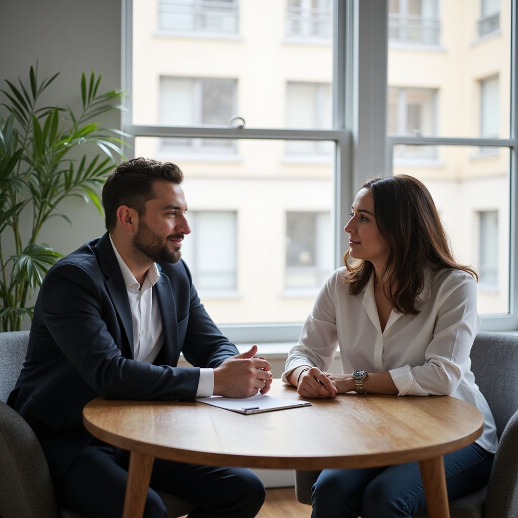 A man and woman sit at a round table, talking. They're in an office by a window, discussing paperwork.