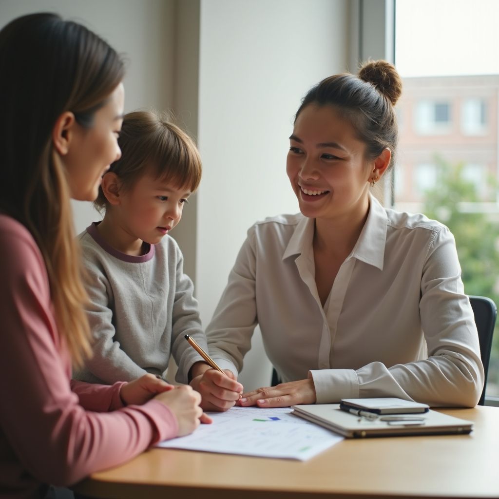 Woman smiles, writing on paper with mother and child at a table. Well-lit room, sunny view.