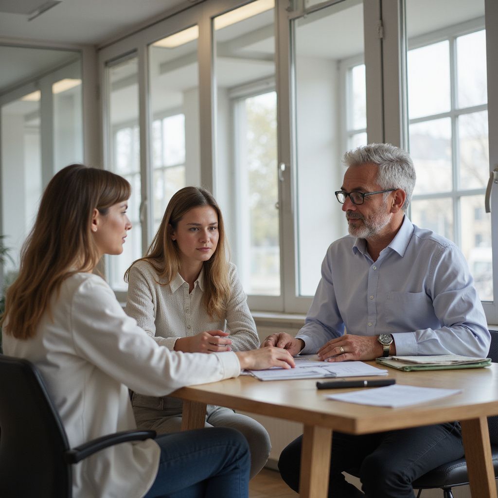 Three people seated at a table, reviewing documents. Two women look concerned, and a man discusses with them.