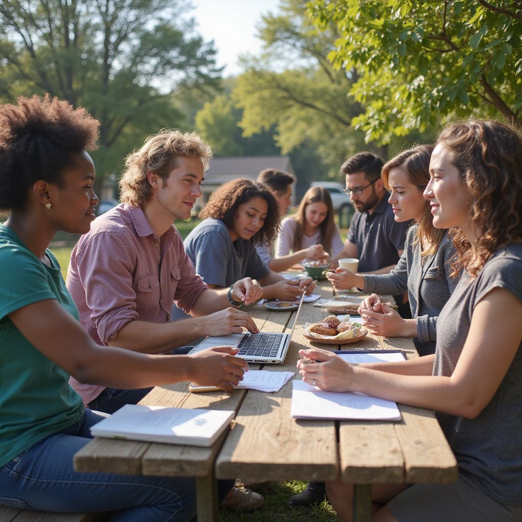 Group of diverse people around a picnic table, working on laptops and papers in a park setting.