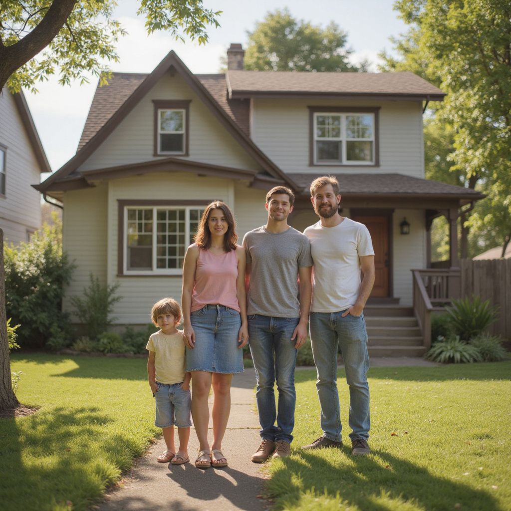 A family of four stands in front of their light-colored house on a sunny day.