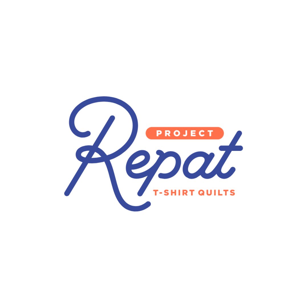 Logo for Project Repat, blue script with an orange accent, 