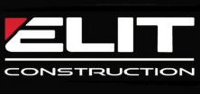 A white logo for Elit Construction on a black background, featuring a red triangle accent next to the letter E.