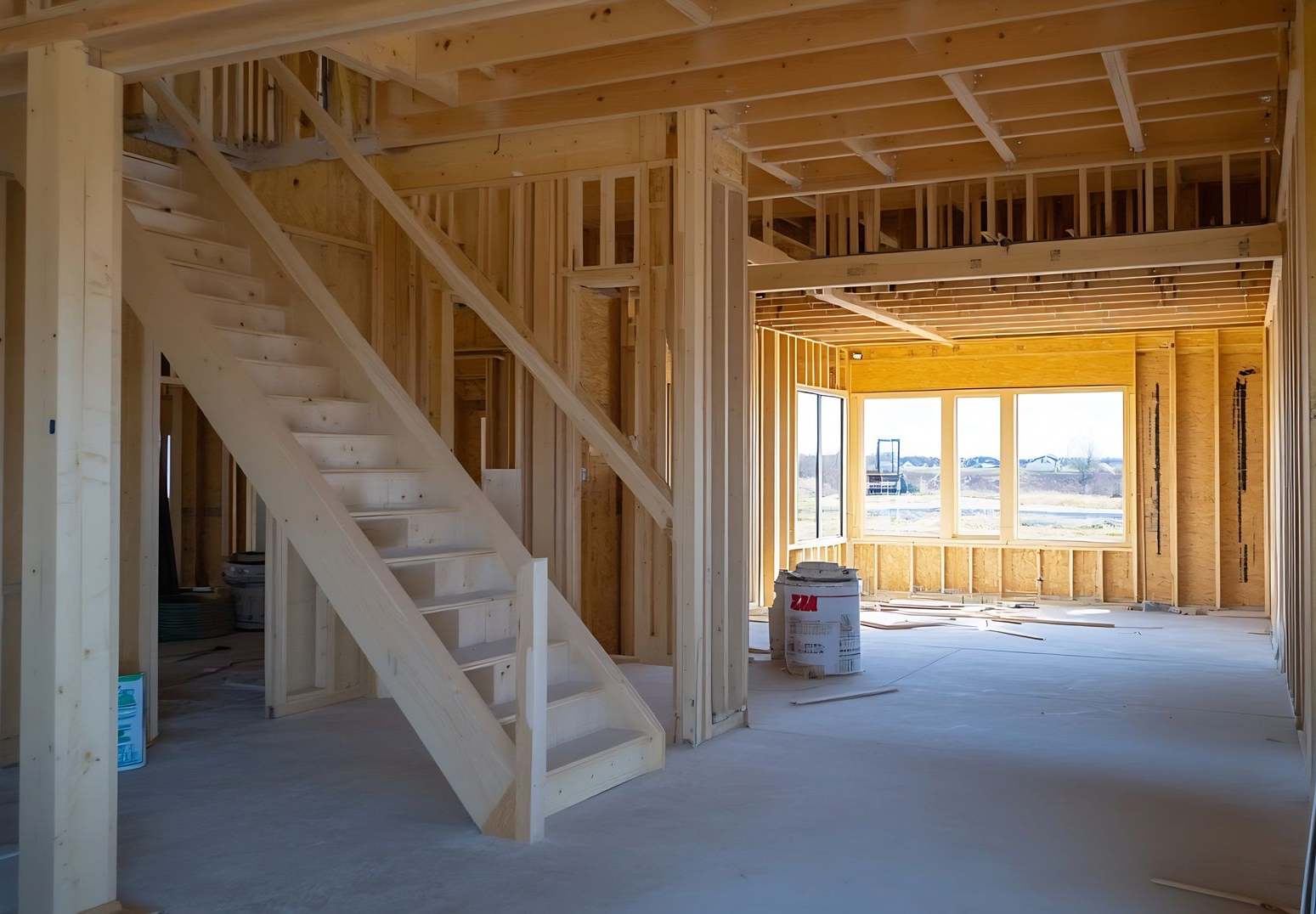 Interior view of a residential building under construction, featuring a wooden staircase and framing with natural light.