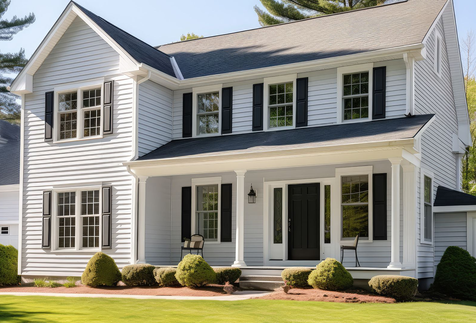 A two-story, light blue house with white trim, a front porch, and black shutters, set on a green lawn.