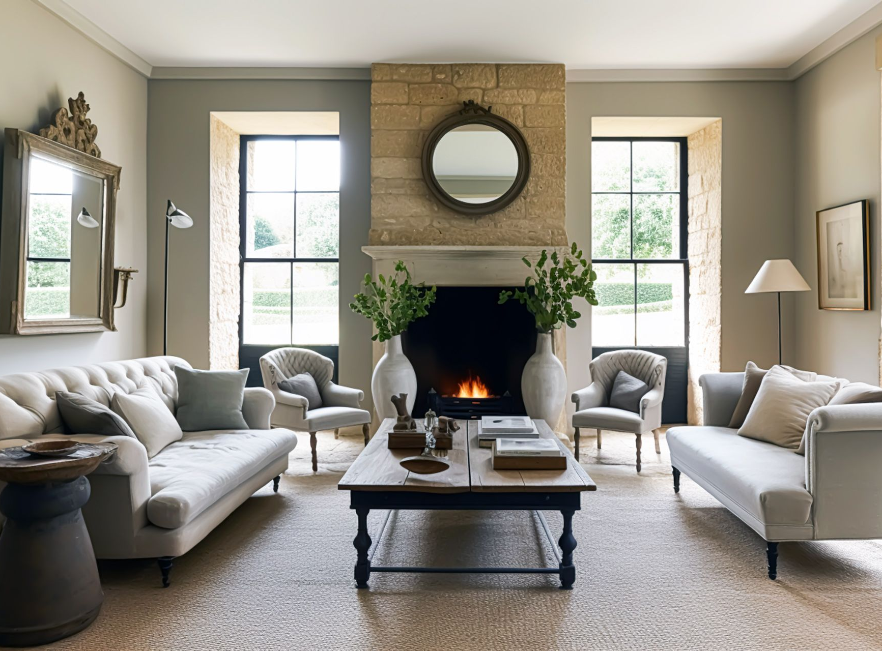 A symmetrical living room with two sofas, two armchairs, a central coffee table, and a fireplace with a stone surround.