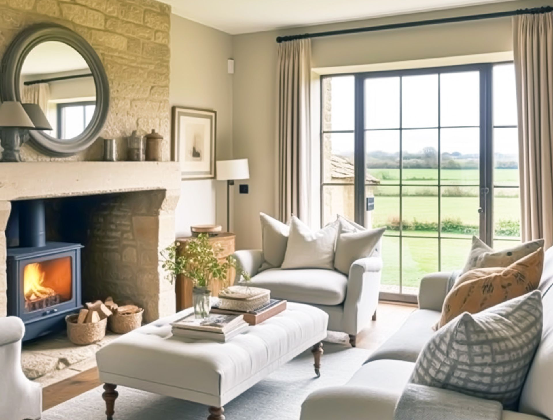 A cozy living room with a fireplace, a wood-burning stove, an upholstered ottoman, and a large window overlooking a field.