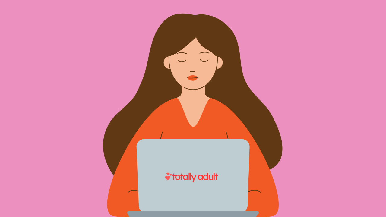 Illustration of a woman with long brown hair wearing an orange top, sitting in front of a laptop with the website 