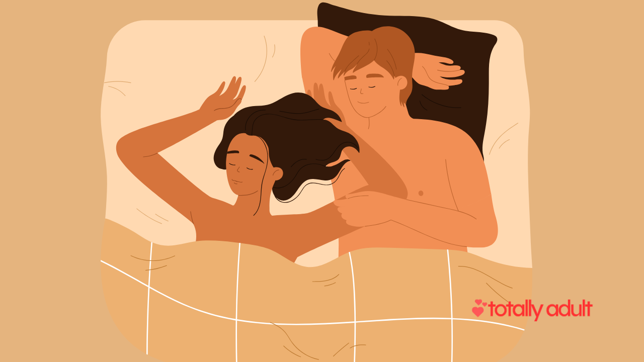 Illustration of a couple cuddling in bed, representing intimacy and closeness that adult toys for couples bring.