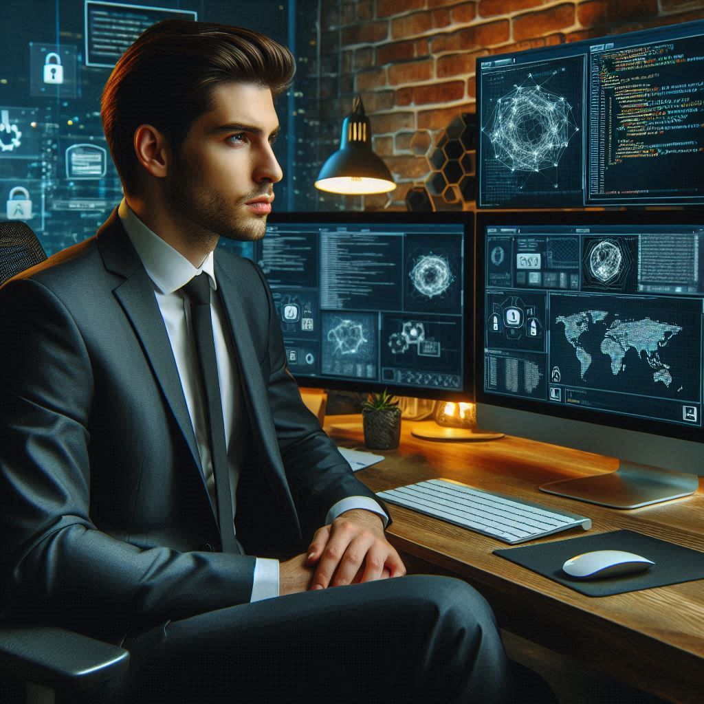 A man in a suit and tie is sitting in front of a computer.