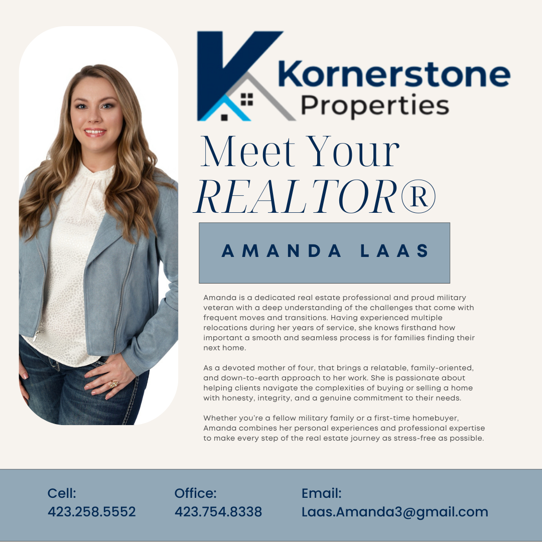 An advertisement for kornerstone properties features a woman named amanda laas