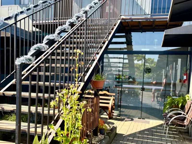 Escada externa com corrimão de metal preto, decorada, que leva a portas de vidro com plantas e assentos.