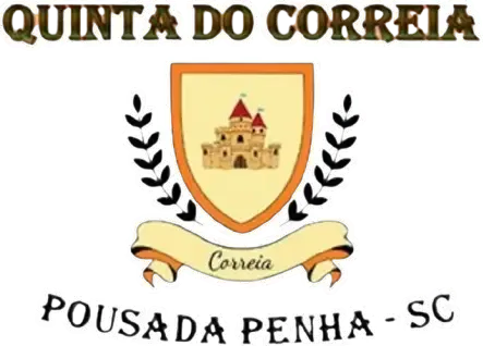 Logo for Quinta do Correia Pousada in Penha, SC. Shield with castle icon, banner, and laurel.