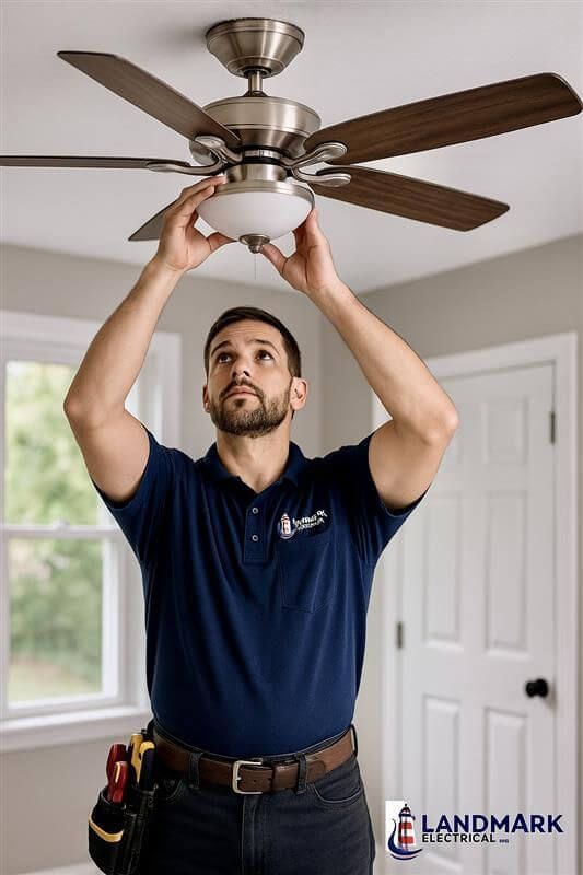 Electrician installing ceiling fan light fixture in a room.