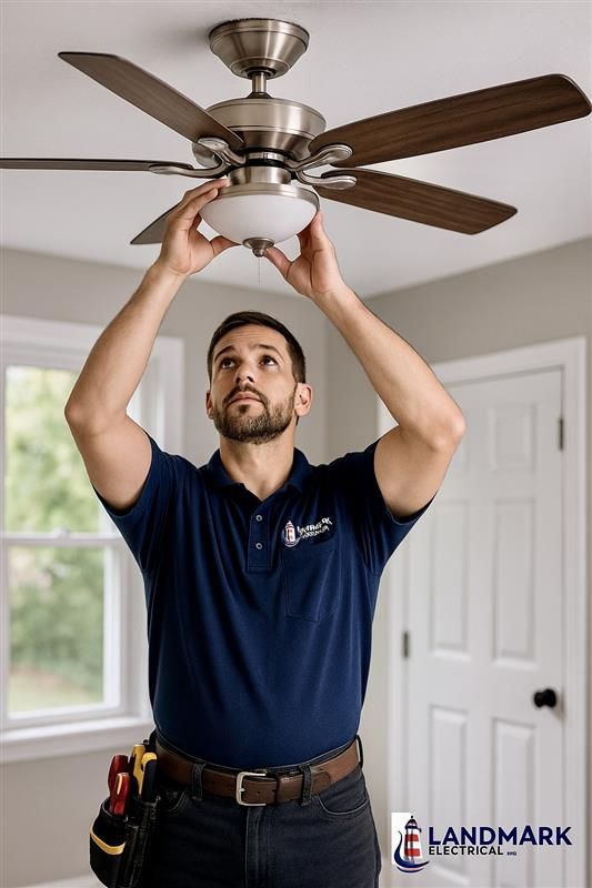 Electrician installing ceiling fan light fixture in a room.