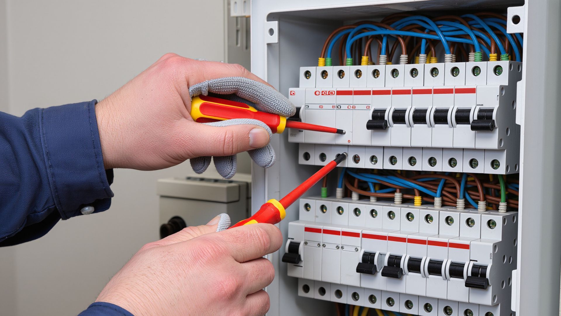 An electrician working safely on circuit breaker panel wiring.