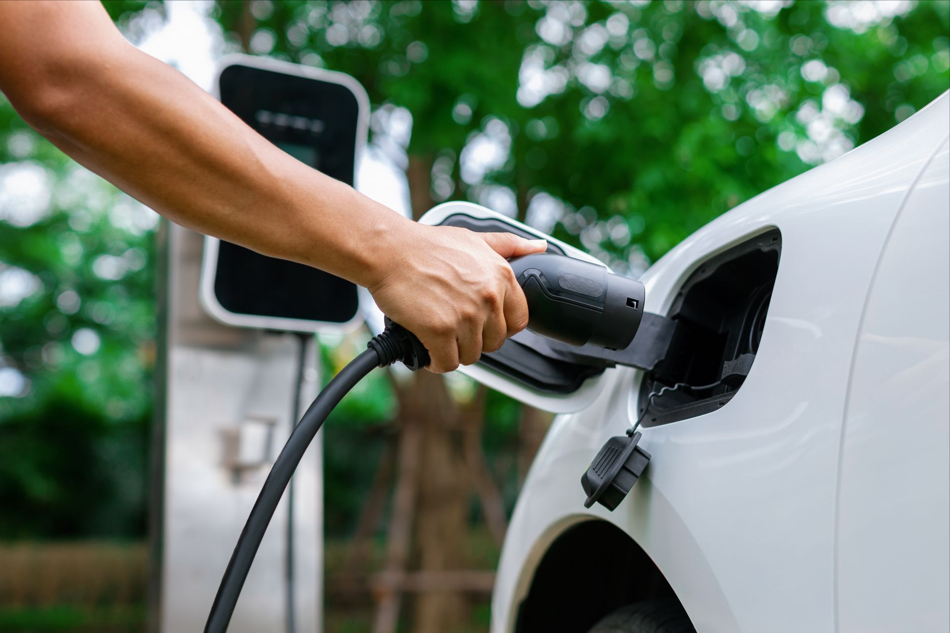 A hand inserts an EV charging plug into an electric vehicle with a blurred background of greenery.