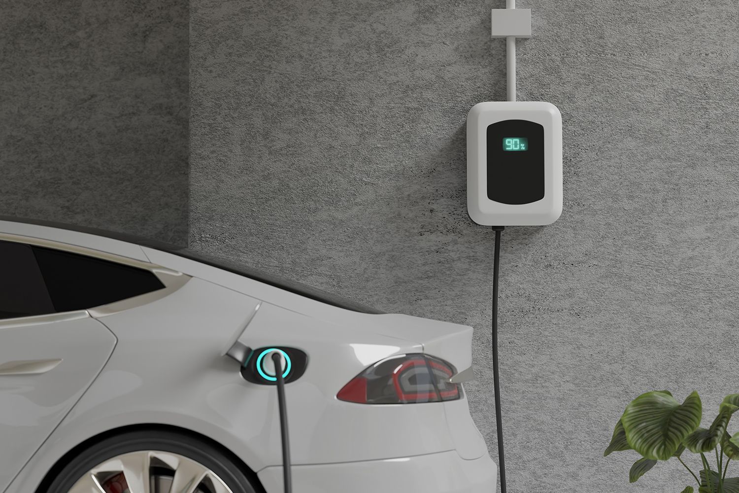 An electric car is charging with an EV charger at home.