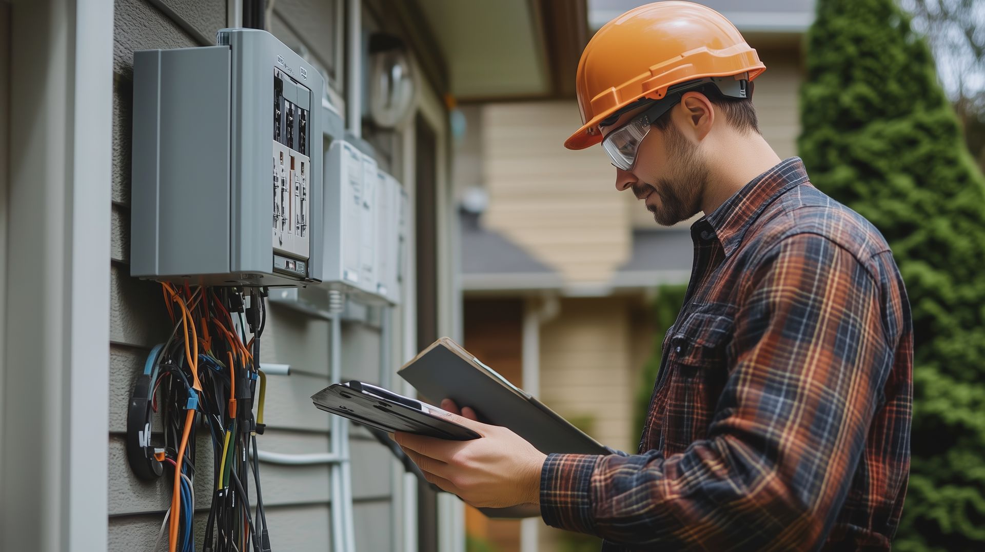 Electrician inspecting a electrical panel in a suburban neighborhood.