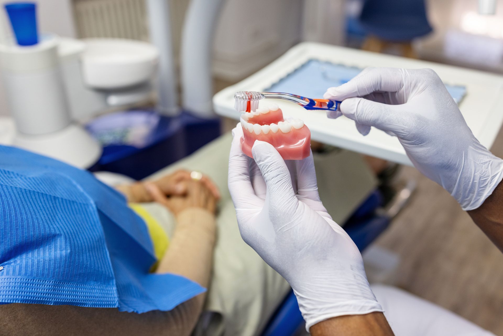 A close-up of a dental model demonstration with a toothbrush.