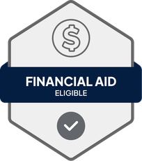 Badge: Financial Aid Eligible, blue banner, building icon, dollar sign.