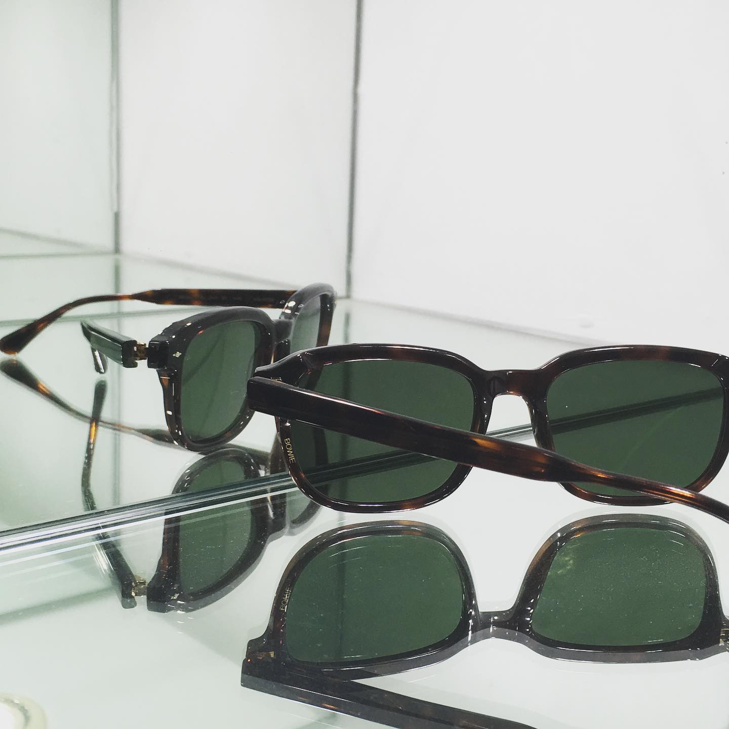 Occhiali da sole su uno scaffale espositivo; montatura in tartaruga, lenti verdi. Riflessi sullo scaffale.