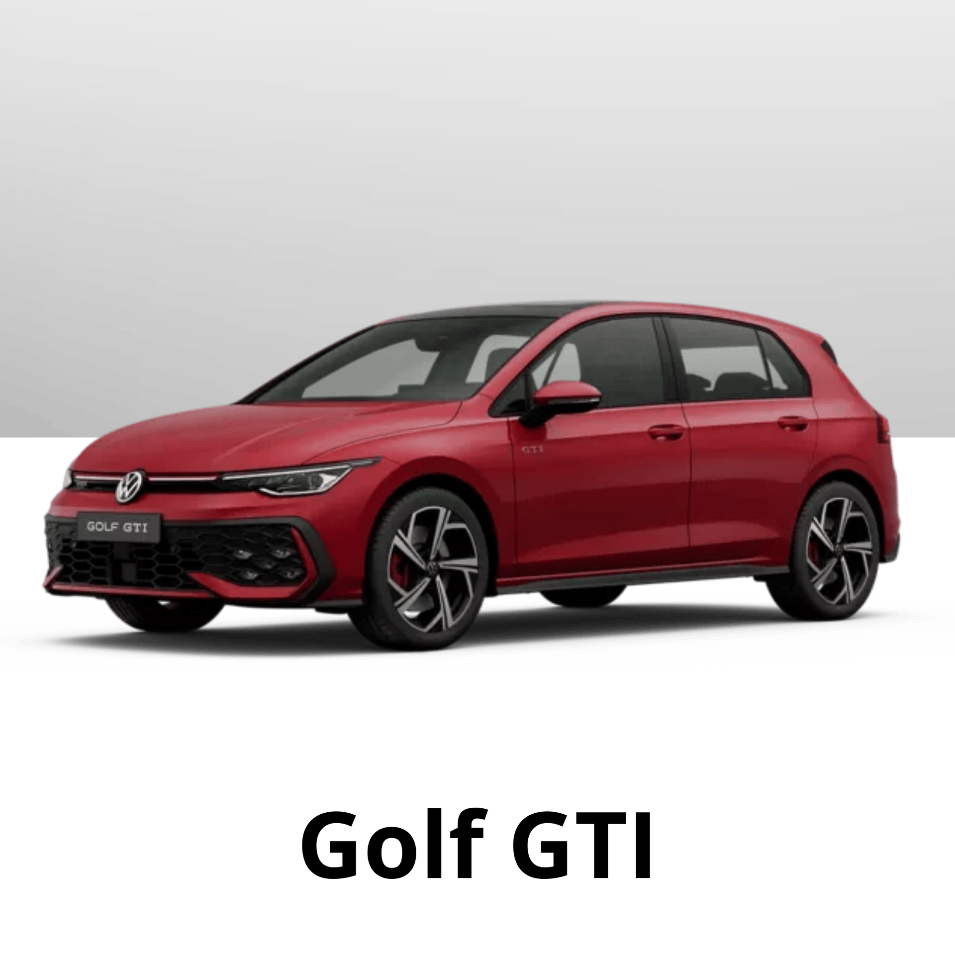 Volkswagen Golf GTI vermelho, teto preto, estacionado em fundo neutro.