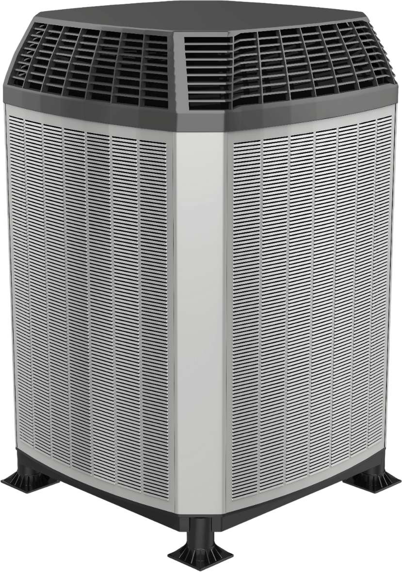 Central air conditioning unit, gray and black, outdoors.