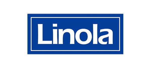 Ein blau-weißes Logo für Linola auf weißem Hintergrund.