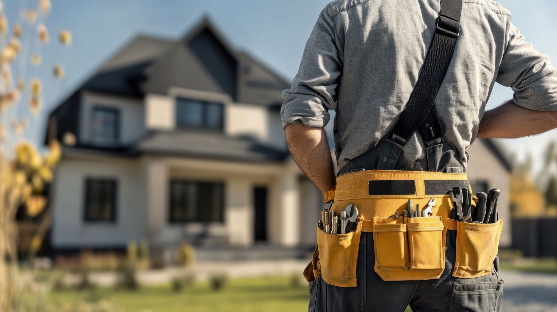A person with a tool belt stands in front of a house, possibly for home repairs.