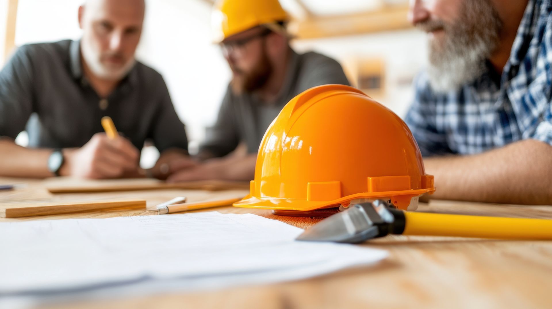 Construction workers in a meeting, focused on blueprints with an orange hard hat and hammer in the foreground.