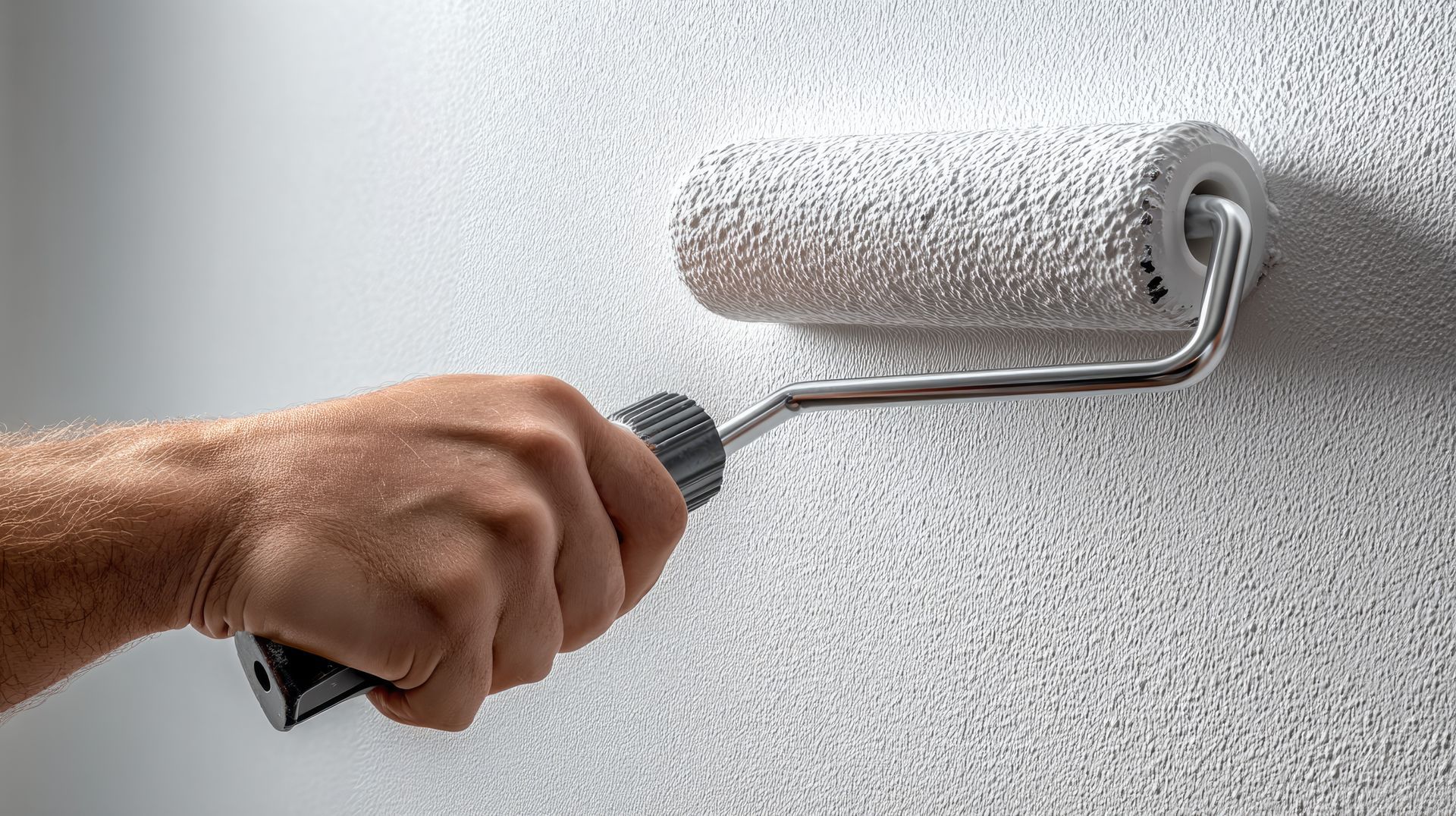 Hand painting a white textured wall with a paint roller.