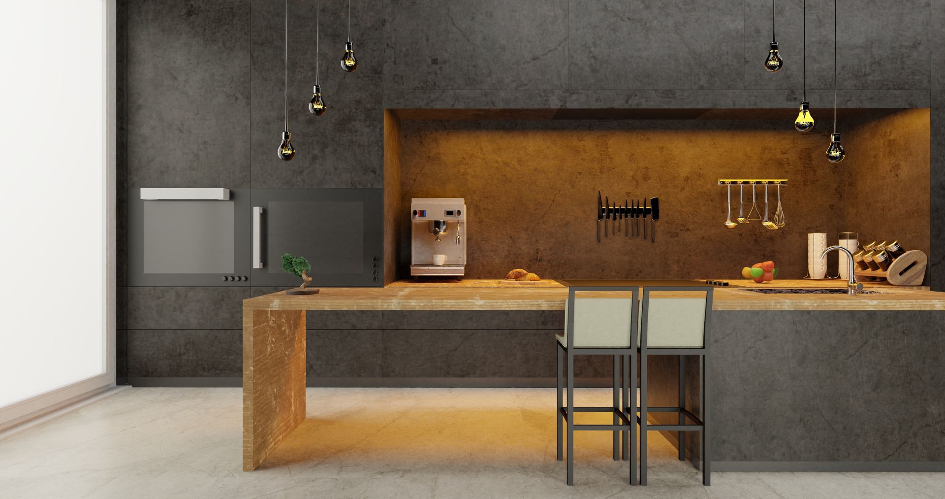 Modern kitchen with dark gray walls, light wood countertop, and bar stools.