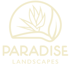 Logo for Paradise Landscapes: a light tan bird of paradise flower within a circle, with 
