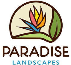 Logo for Paradise Landscapes with a stylized Bird of Paradise flower and a leaf, in front of a light brown background.