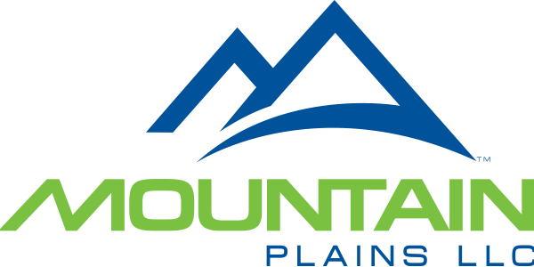 Logo of "Mountain Plains LLC" with blue mountain peaks over a green text "MOUNTAIN", curved blue line, and text "PLAINS LLC".
