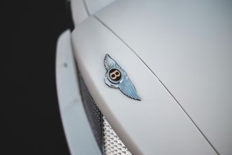 Bentley emblem on white car hood.