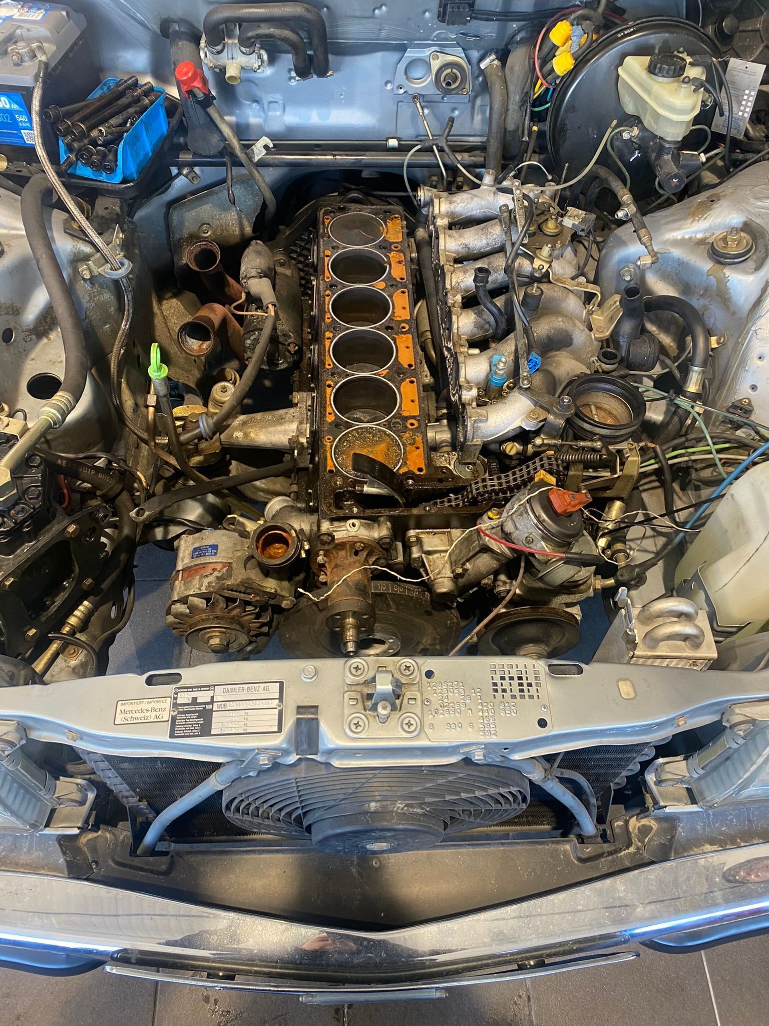 Un gros plan d'un moteur de voiture avec le capot ouvert.