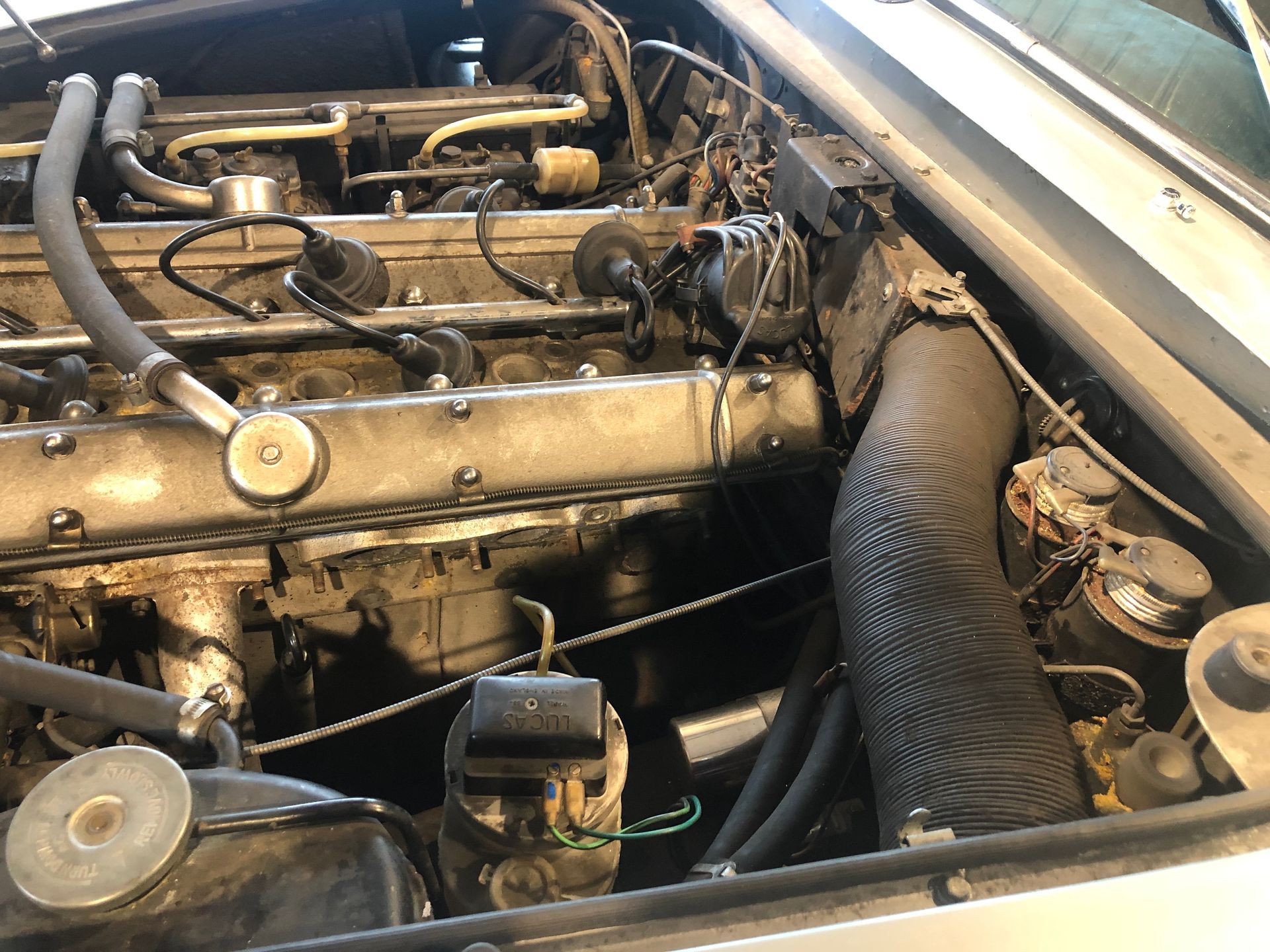 Un gros plan d'un moteur de voiture avec le capot ouvert