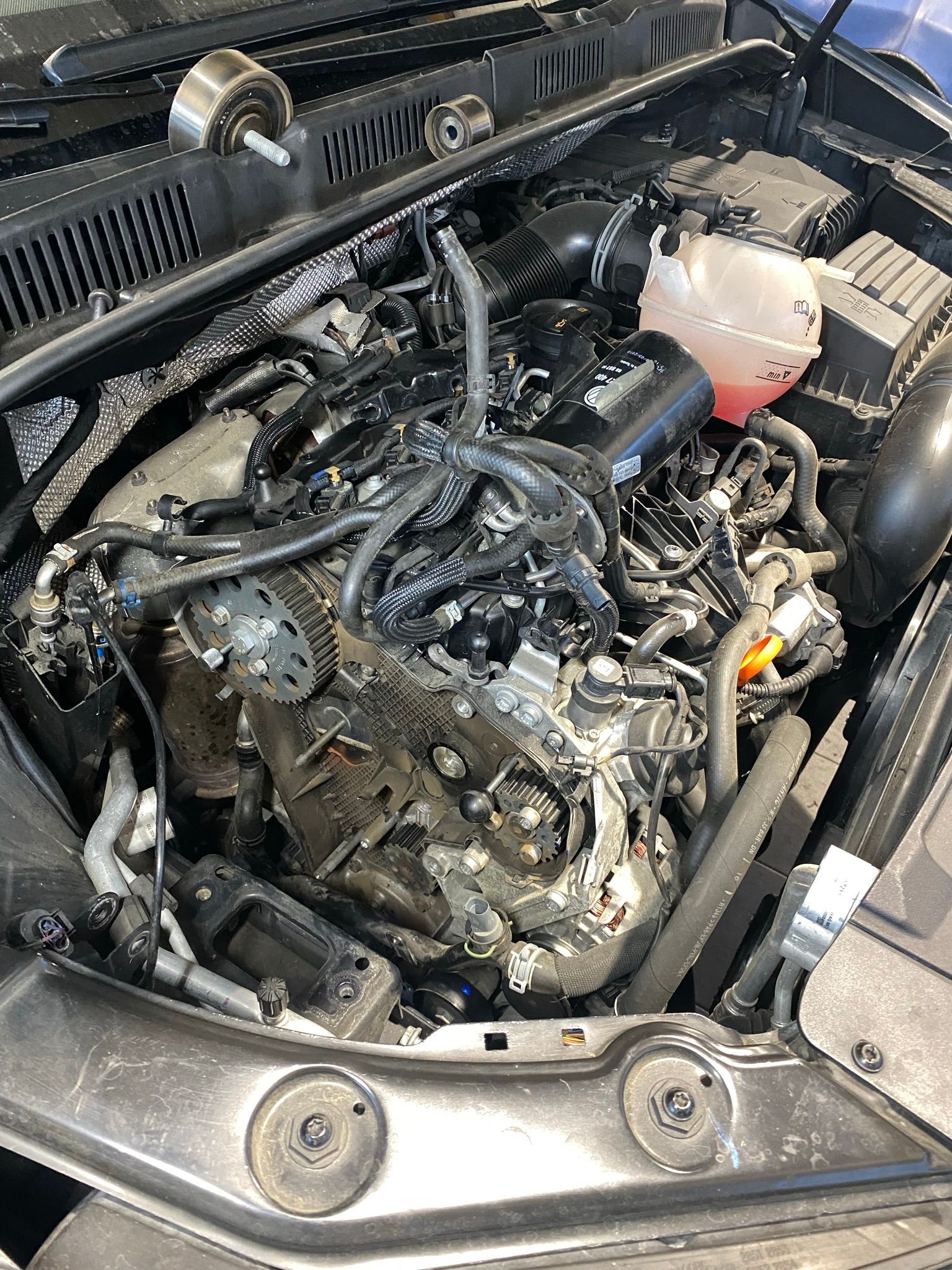 Un gros plan d'un moteur de voiture avec le capot ouvert.