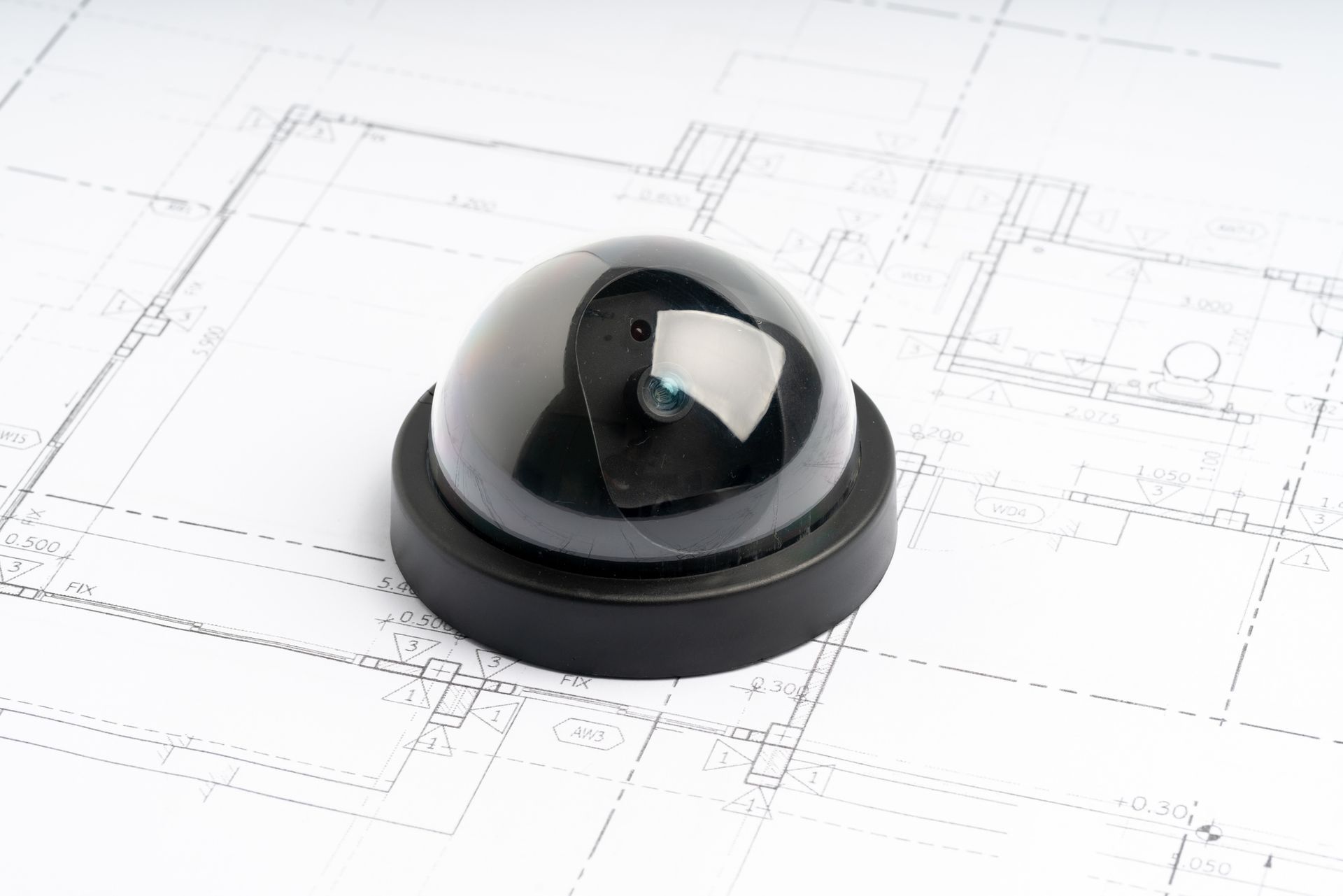 Black security camera dome on a blueprint.