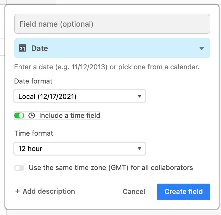 Screenshot of the date type field in Airtable