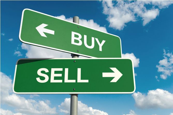 A green street sign that says buy and sell