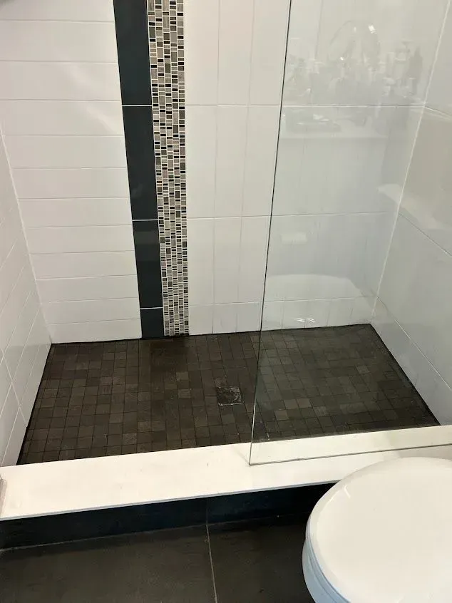 A bathroom with a walk in shower and a toilet.