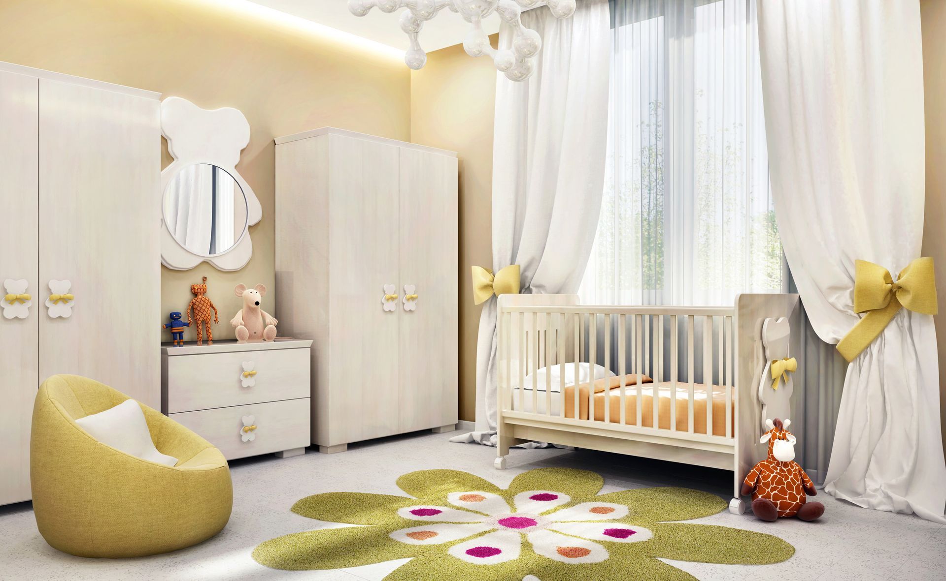 A baby's room with a crib, chair, dresser, and mirror.