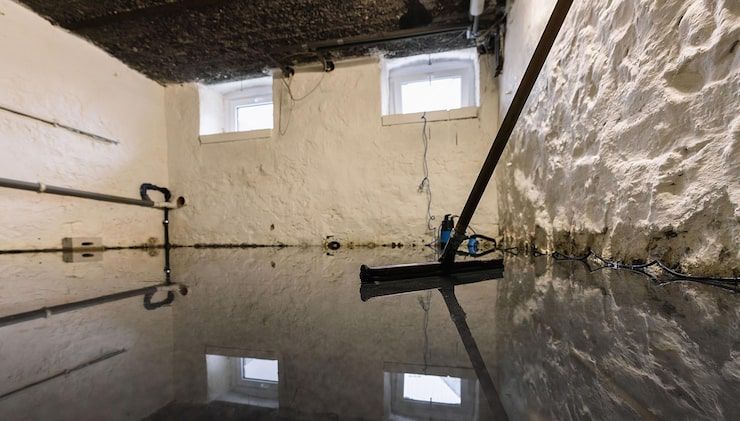 Flooded basement with a pump; dark water reflects windows and walls.